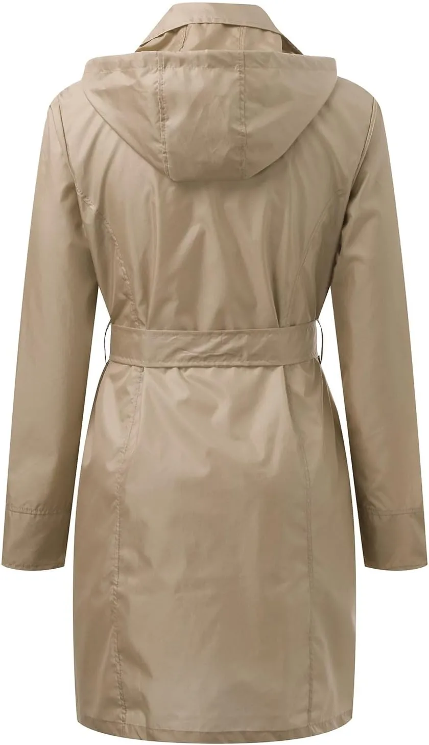 Womens Packable Rain Jacket with Hood Waterproof Long Trench Coats Hooded Raincoat Lightweight Rain Coat Outdoor Windbreaker