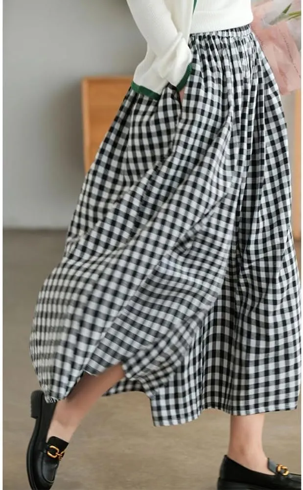 Womens Plaid Print Linen Pants Casual High Waisted Smocked Elastic Wide Leg Baggy Cropped Pants with Pockets
