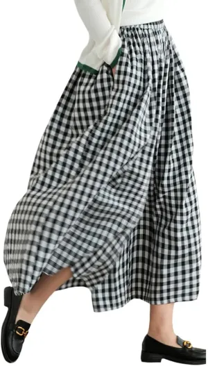Womens Plaid Print Linen Pants Casual High Waisted Smocked Elastic Wide Leg Baggy Cropped Pants with Pockets