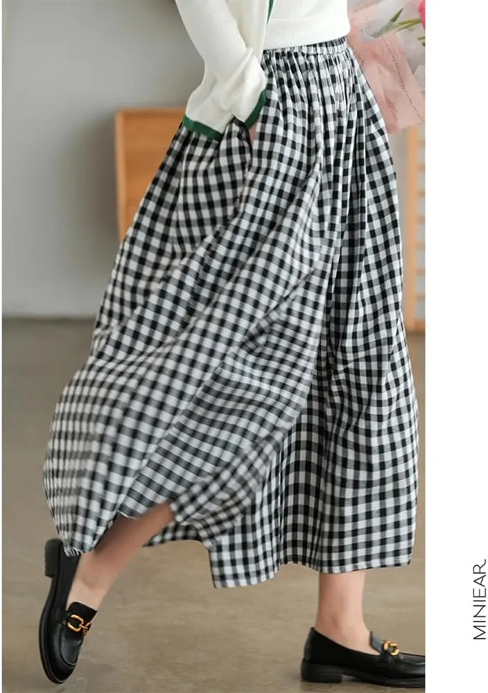 Womens Plaid Print Linen Pants Casual High Waisted Smocked Elastic Wide Leg Baggy Cropped Pants with Pockets