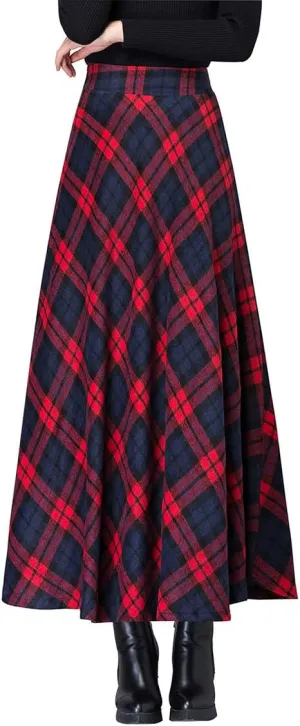 Women's Plaid Wool Skirt Vintage High Waist A-line Long Skirt Fall/Winter Midi Skirt