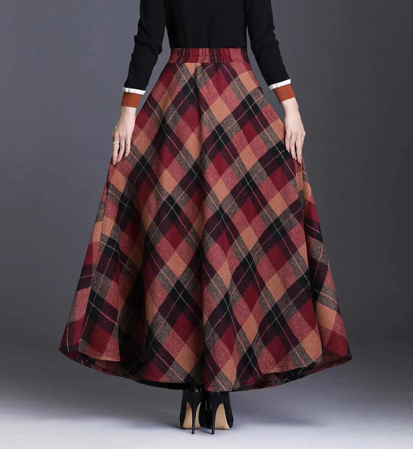 Women's Plaid Wool Skirt Vintage High Waist A-line Long Skirt Fall/Winter Midi Skirt