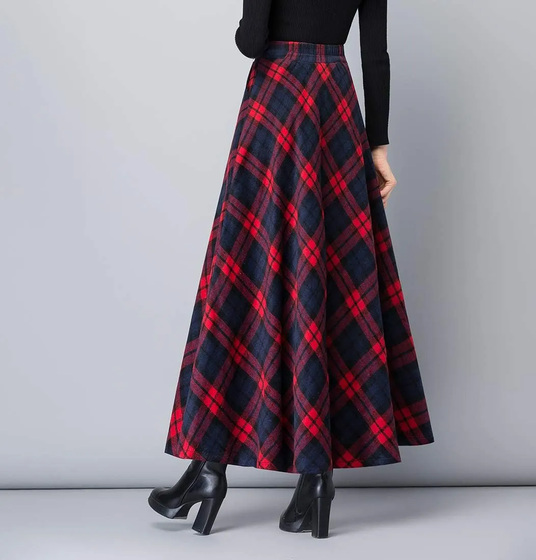Women's Plaid Wool Skirt Vintage High Waist A-line Long Skirt Fall/Winter Midi Skirt