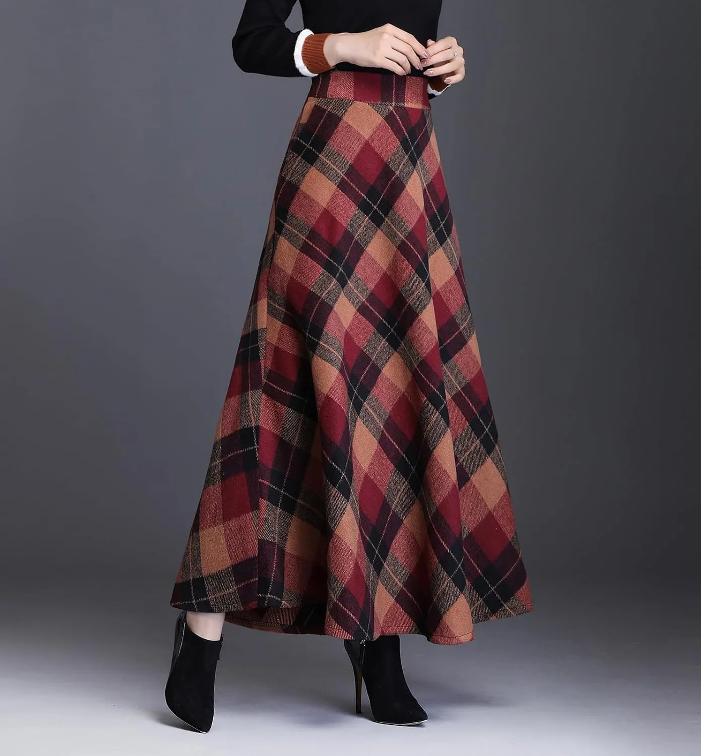 Women's Plaid Wool Skirt Vintage High Waist A-line Long Skirt Fall/Winter Midi Skirt