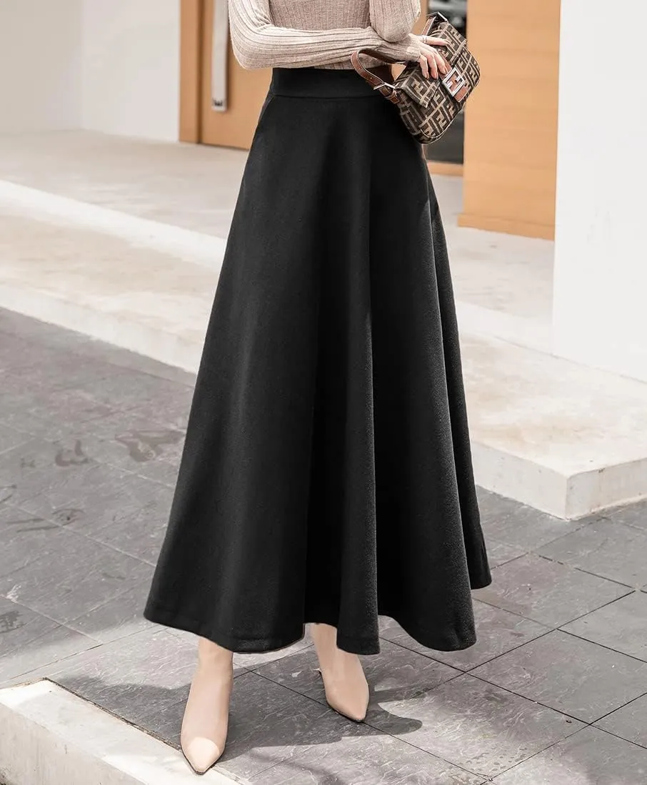 Women's Plaid Wool Skirt Vintage High Waist A-line Long Skirt Fall/Winter Midi Skirt