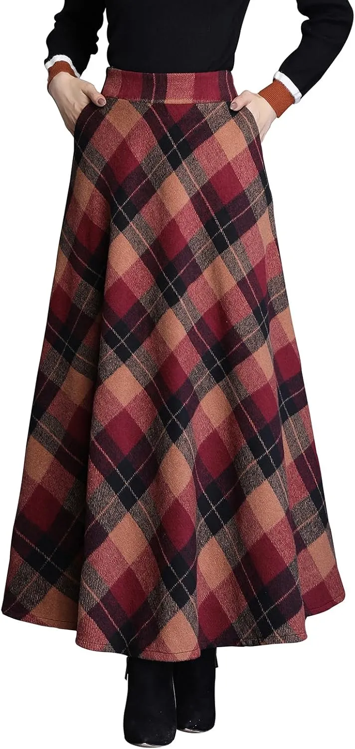 Women's Plaid Wool Skirt Vintage High Waist A-line Long Skirt Fall/Winter Midi Skirt