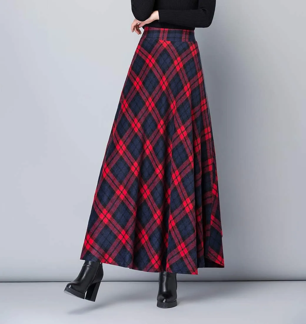 Women's Plaid Wool Skirt Vintage High Waist A-line Long Skirt Fall/Winter Midi Skirt