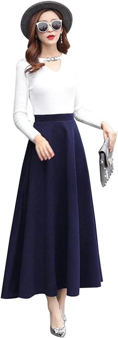 Women's Plaid Wool Skirt Vintage High Waist A-line Long Skirt Fall/Winter Midi Skirt