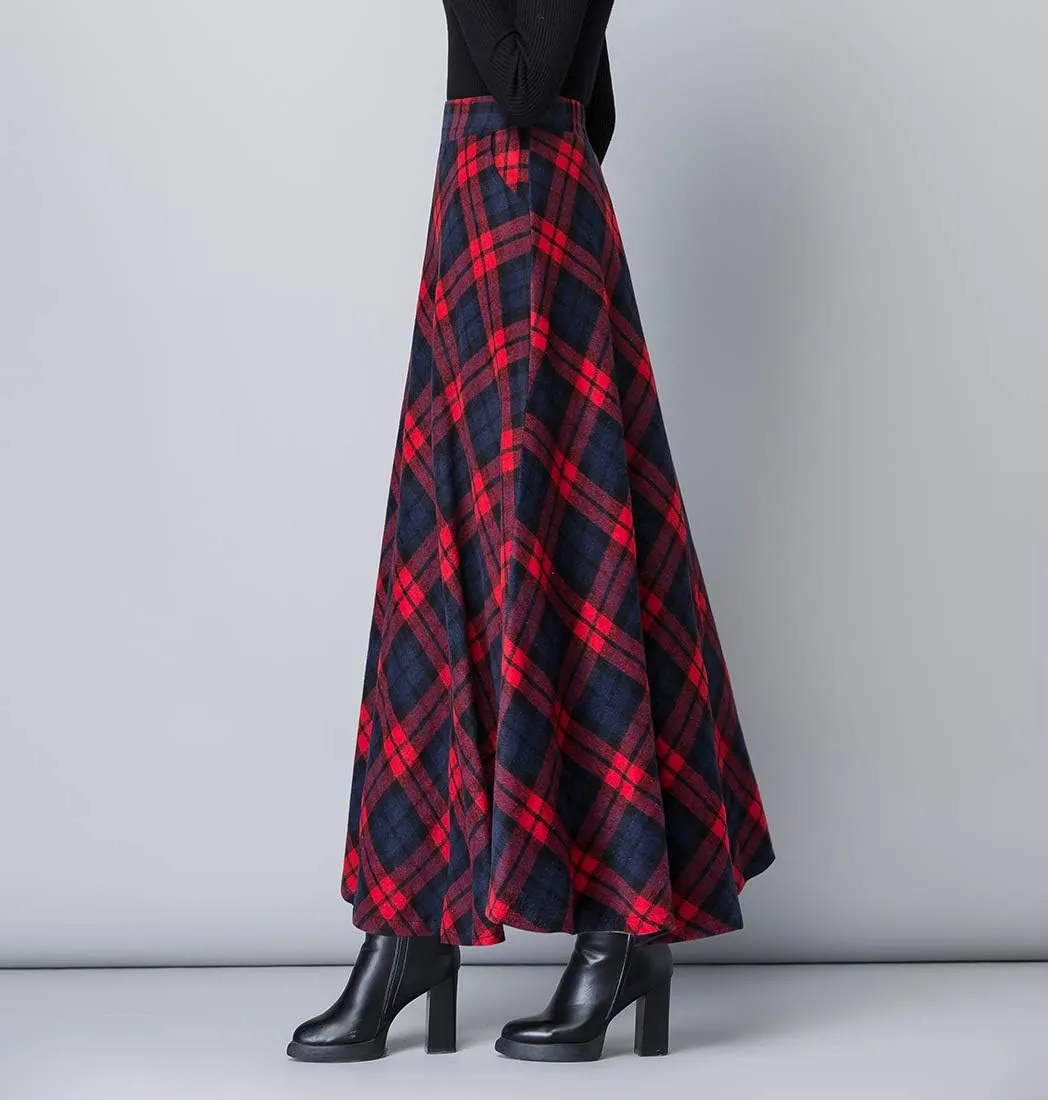 Women's Plaid Wool Skirt Vintage High Waist A-line Long Skirt Fall/Winter Midi Skirt
