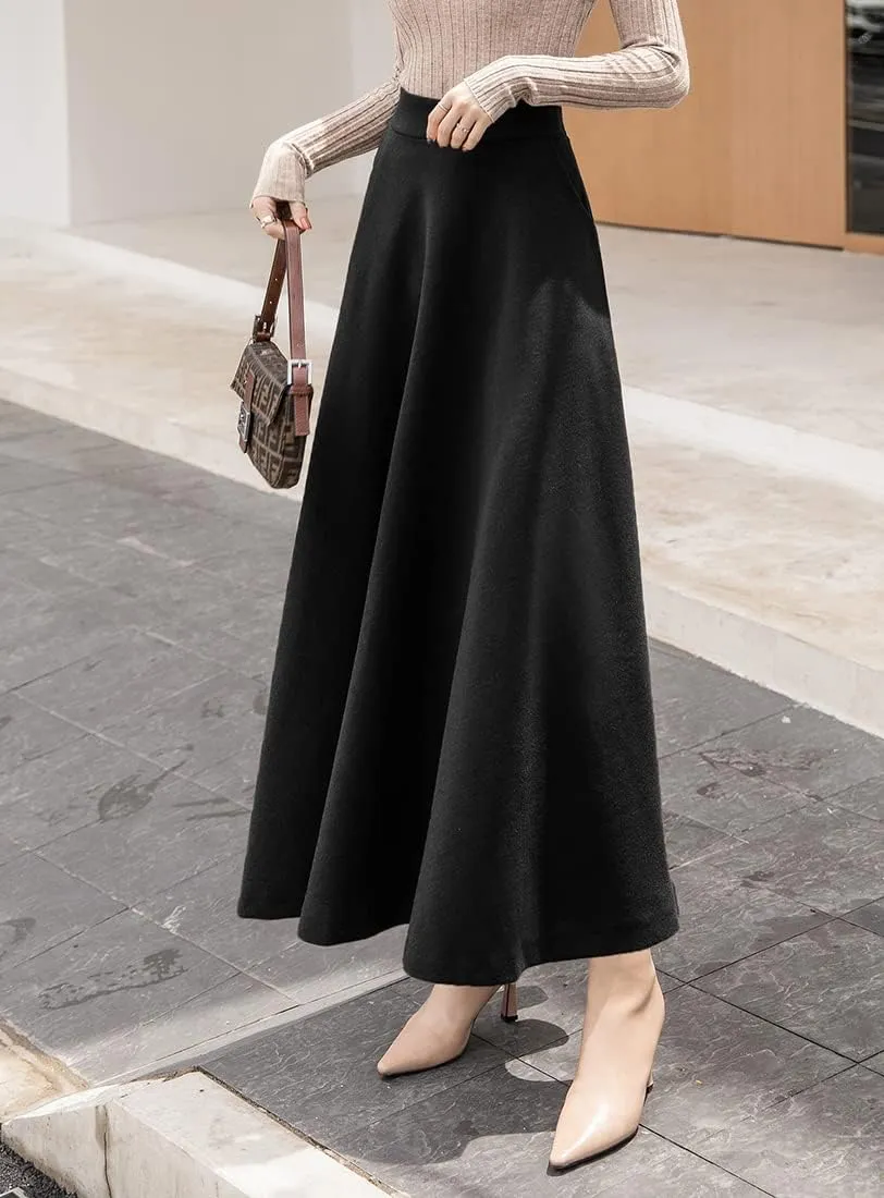 Women's Plaid Wool Skirt Vintage High Waist A-line Long Skirt Fall/Winter Midi Skirt