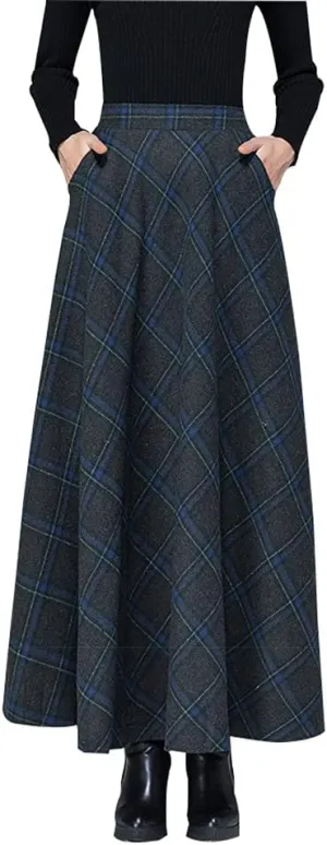 Women's Plaid Wool Skirt Vintage High Waist A-line Long Skirt Fall/Winter Midi Skirt