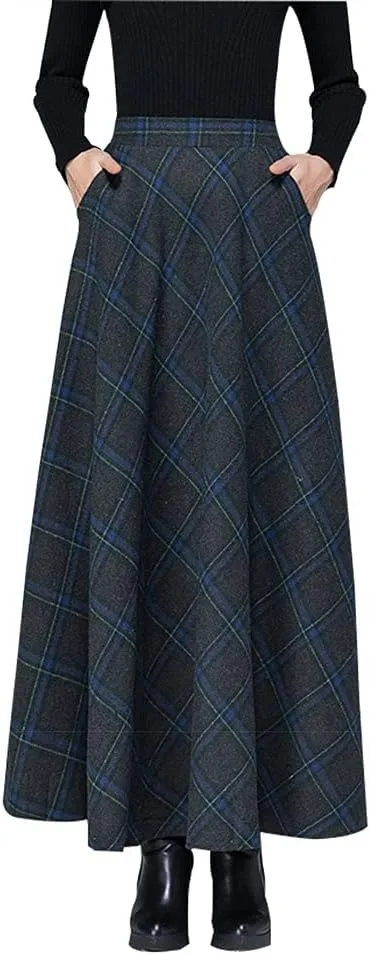 Women's Plaid Wool Skirt Vintage High Waist A-line Long Skirt Fall/Winter Midi Skirt