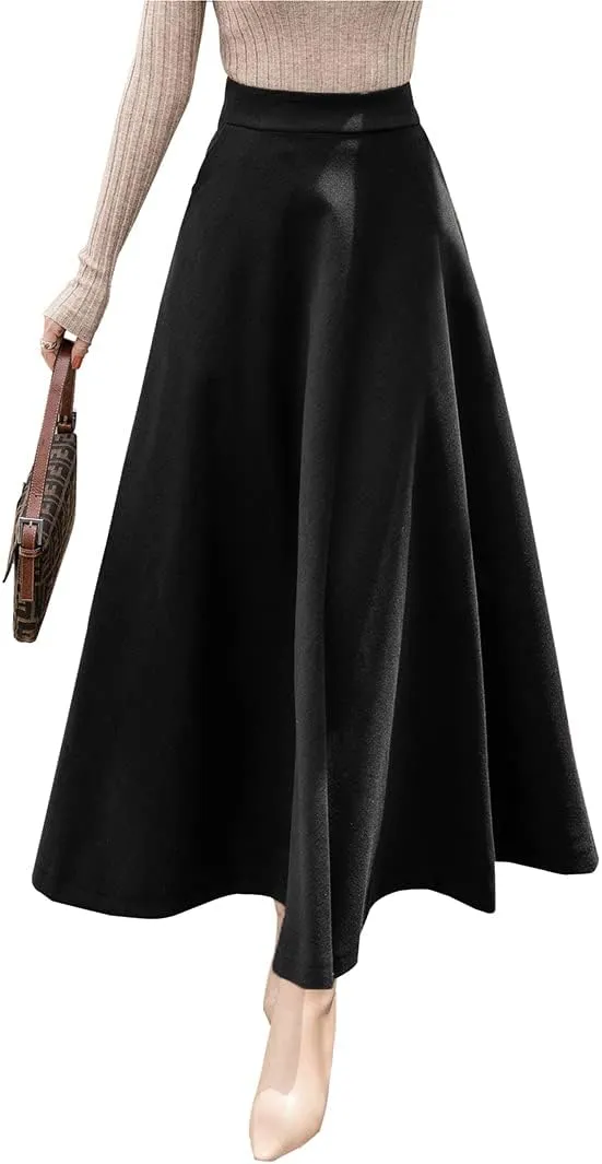 Women's Plaid Wool Skirt Vintage High Waist A-line Long Skirt Fall/Winter Midi Skirt