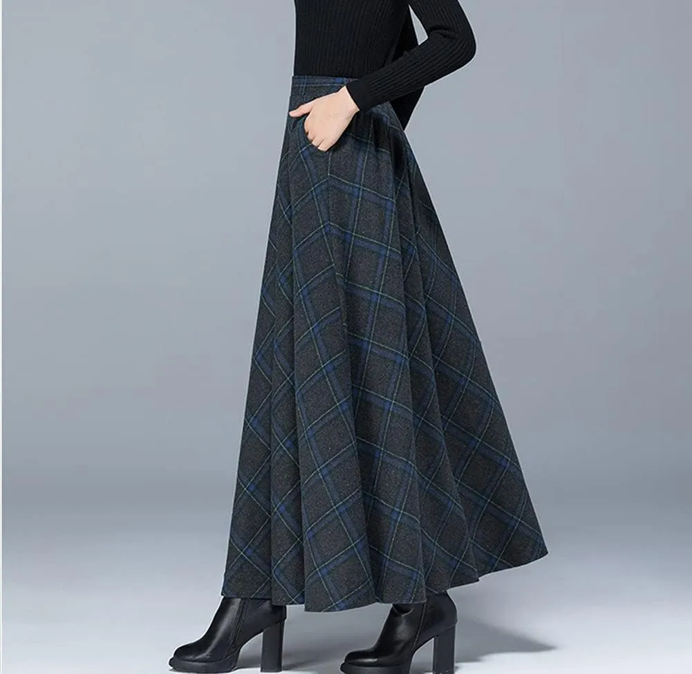 Women's Plaid Wool Skirt Vintage High Waist A-line Long Skirt Fall/Winter Midi Skirt