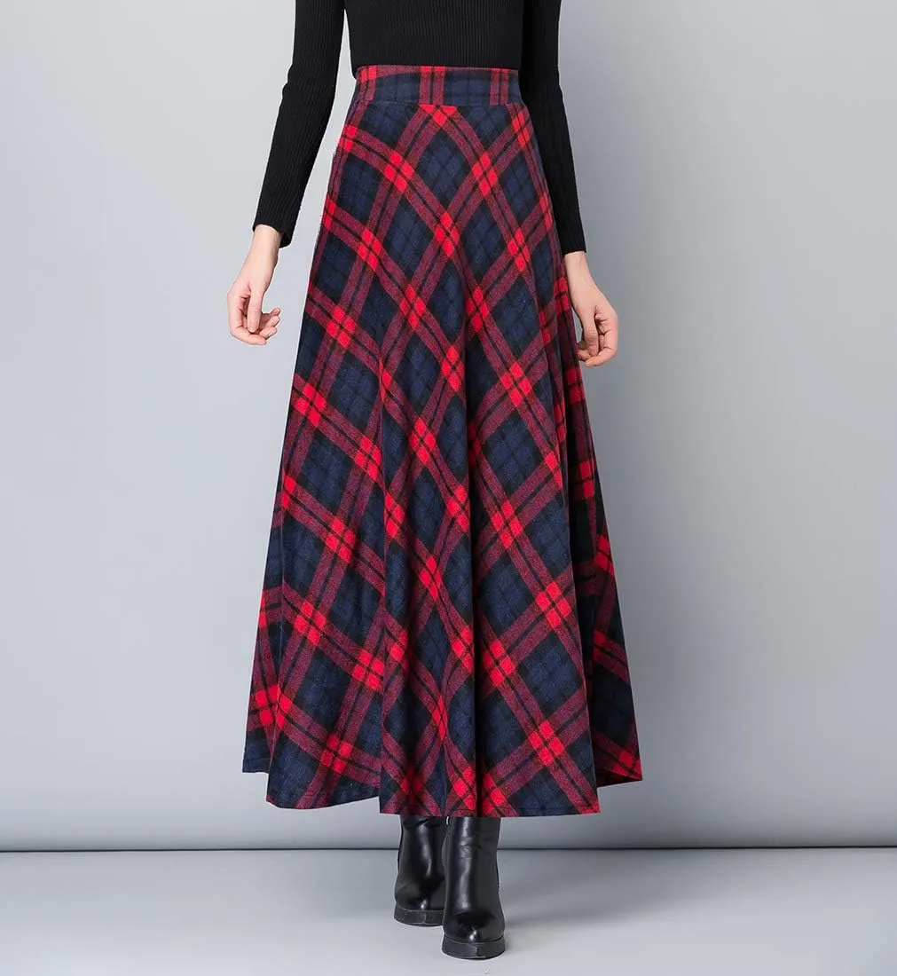 Women's Plaid Wool Skirt Vintage High Waist A-line Long Skirt Fall/Winter Midi Skirt
