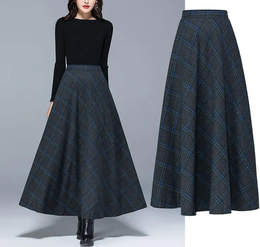 Women's Plaid Wool Skirt Vintage High Waist A-line Long Skirt Fall/Winter Midi Skirt
