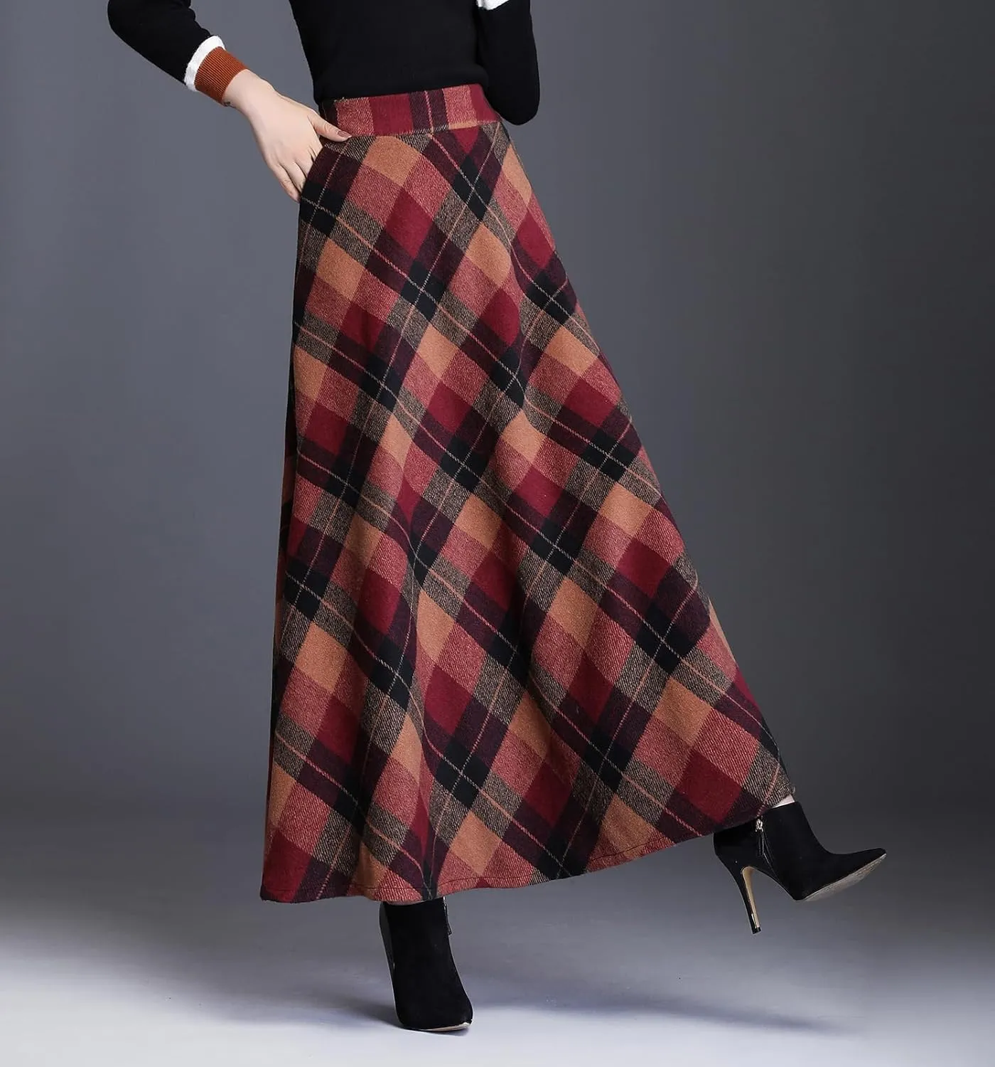 Women's Plaid Wool Skirt Vintage High Waist A-line Long Skirt Fall/Winter Midi Skirt