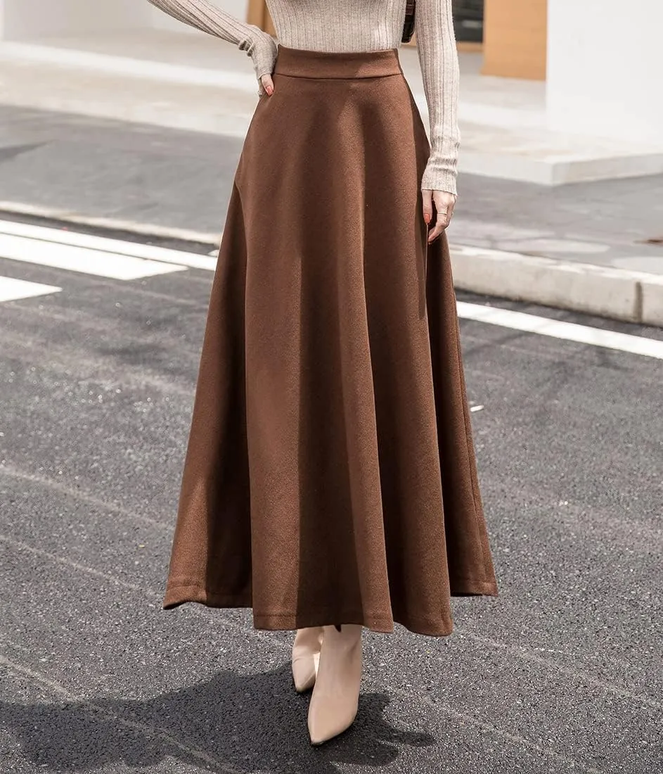 Women's Plaid Wool Skirt Vintage High Waist A-line Long Skirt Fall/Winter Midi Skirt