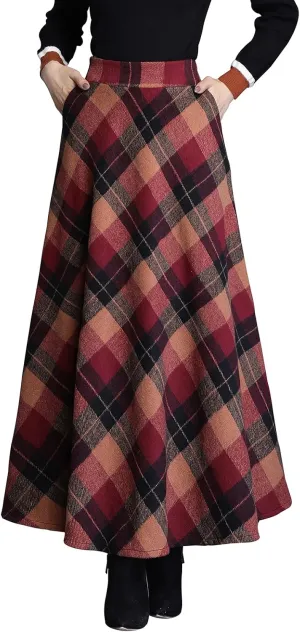 Women's Plaid Wool Skirt Vintage High Waist A-line Long Skirt Fall/Winter Midi Skirt