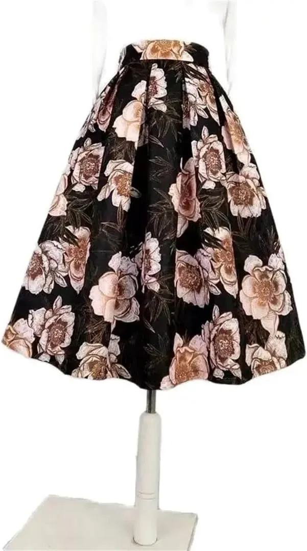 Women's Printed High Waist Skirt Long Pleated Midi Skirt Midi Skater Slim Fit Skirt