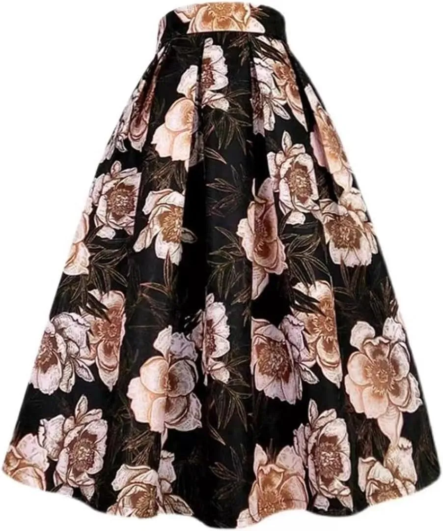 Women's Printed High Waist Skirt Long Pleated Midi Skirt Midi Skater Slim Fit Skirt
