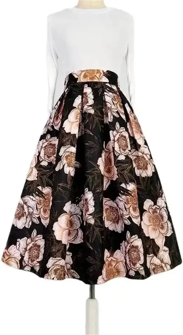 Women's Printed High Waist Skirt Long Pleated Midi Skirt Midi Skater Slim Fit Skirt