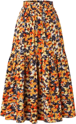 Women's Printed Skirt with Elastic Waist Broken Pleated Skirt with Pockets in Spring Summer and Autumn