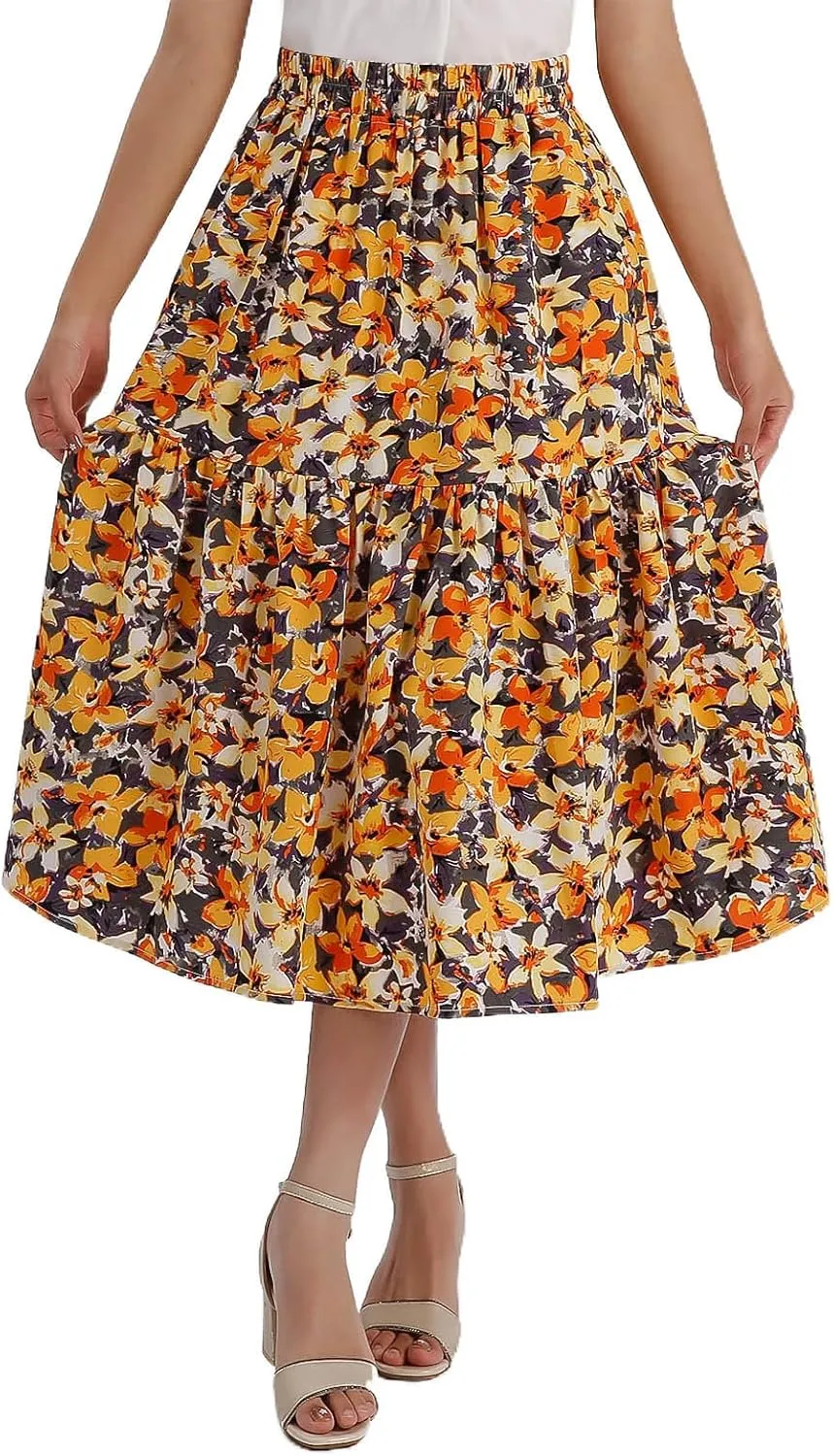 Women's Printed Skirt with Elastic Waist Broken Pleated Skirt with Pockets in Spring Summer and Autumn