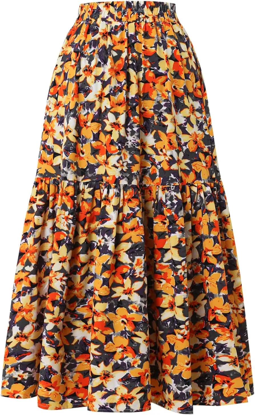 Women's Printed Skirt with Elastic Waist Broken Pleated Skirt with Pockets in Spring Summer and Autumn