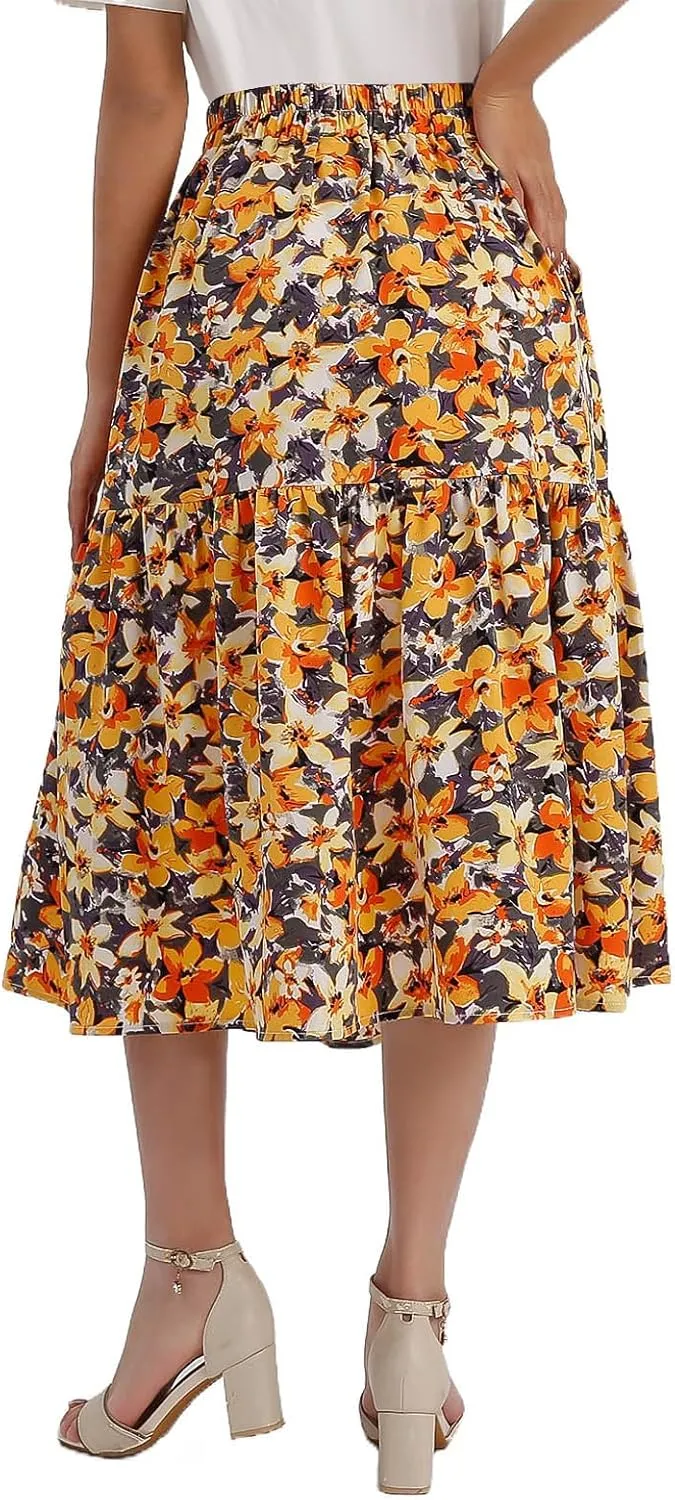 Women's Printed Skirt with Elastic Waist Broken Pleated Skirt with Pockets in Spring Summer and Autumn