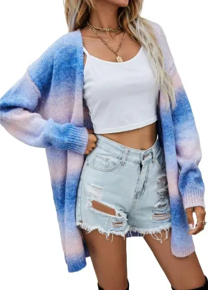 Women's Rainbow Long Knit Cardigan Drop Shoulder Long Sleeve Plus Size Colorful Sweater