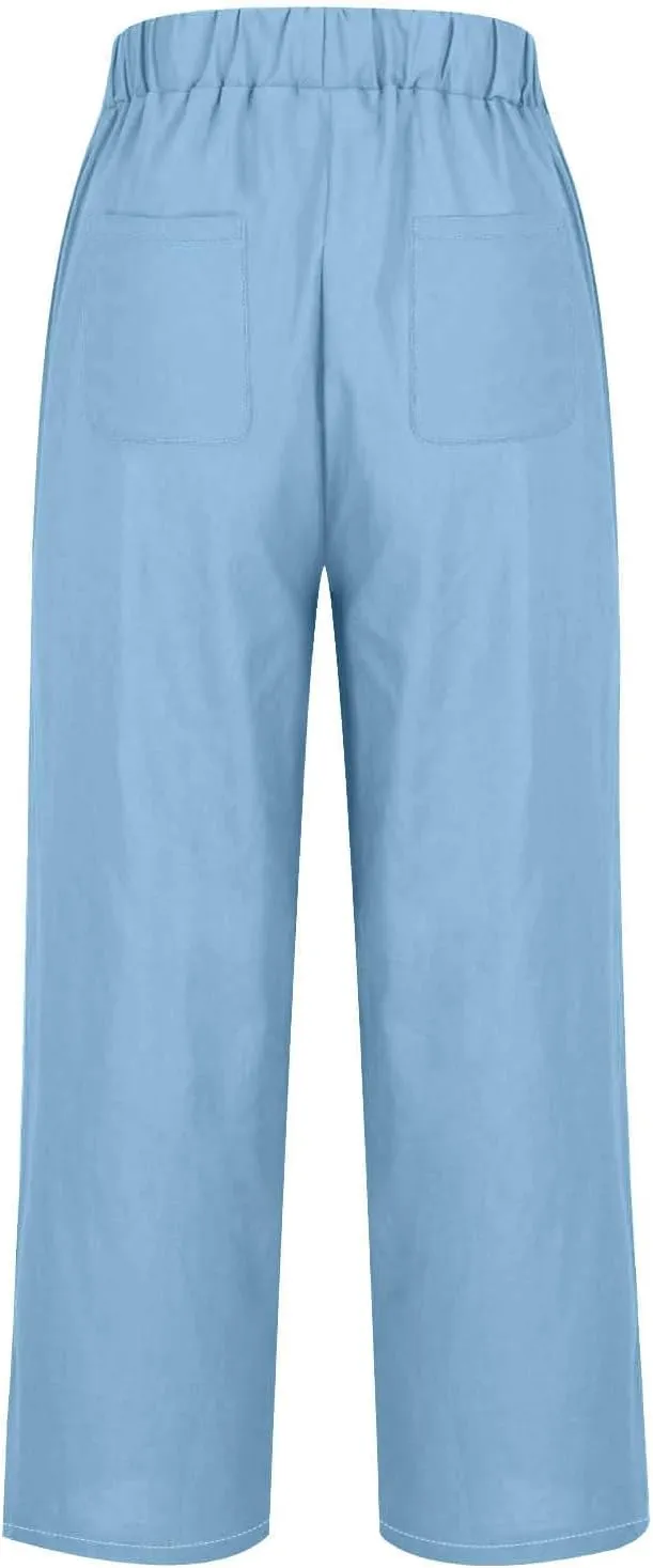Women's Solid Elastic Waist Linen Trousers All-Match Straight Trnedy Casual Wide Leg Pants Cropped Long Pants