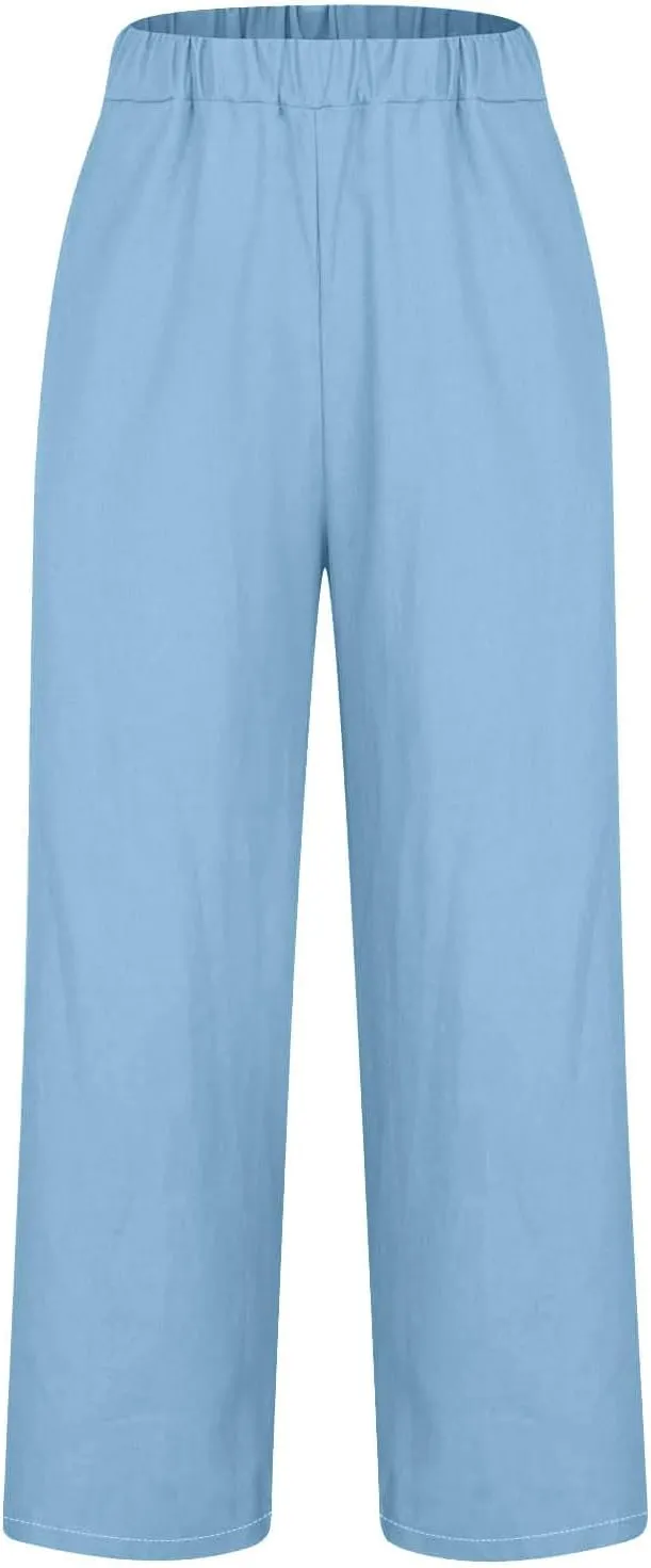 Women's Solid Elastic Waist Linen Trousers All-Match Straight Trnedy Casual Wide Leg Pants Cropped Long Pants