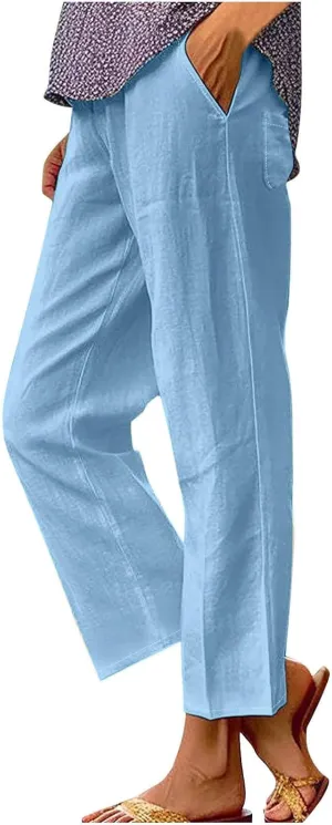 Women's Solid Elastic Waist Linen Trousers All-Match Straight Trnedy Casual Wide Leg Pants Cropped Long Pants