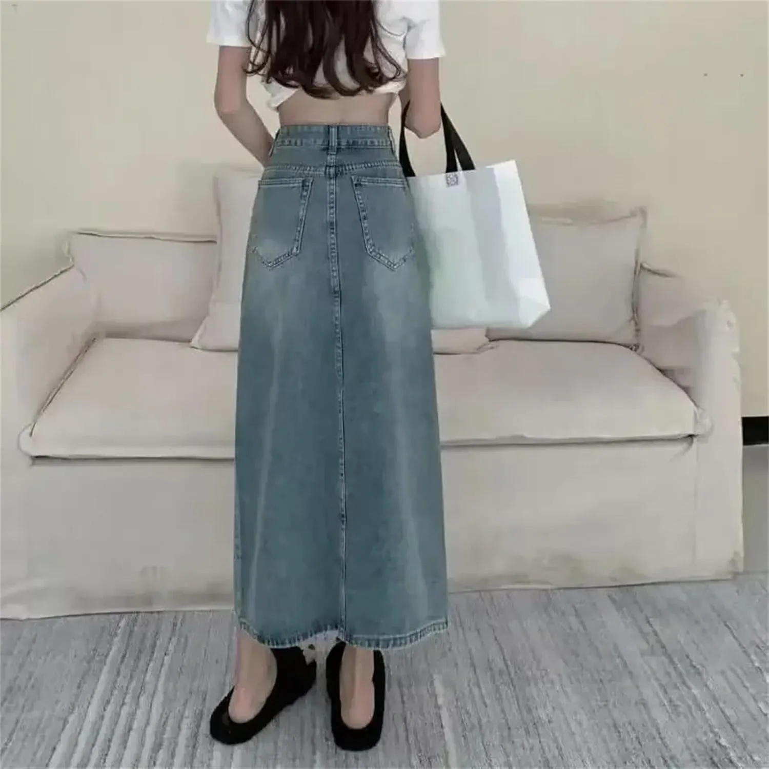 Women's Spring Summer High-Waisted Slimming Denim Skirt  Casual Medium-Length Slit Half-Length Dress Denim Skirts