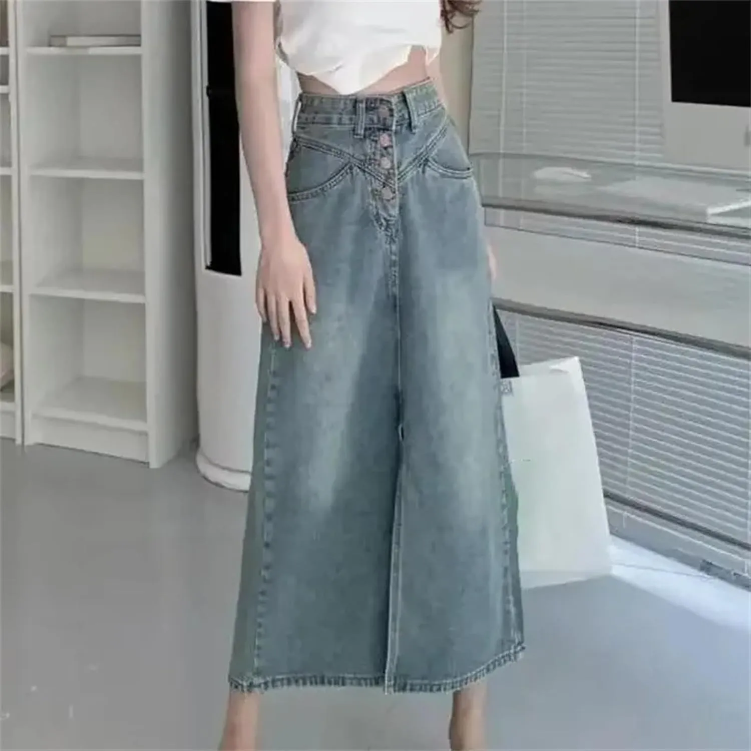 Women's Spring Summer High-Waisted Slimming Denim Skirt  Casual Medium-Length Slit Half-Length Dress Denim Skirts