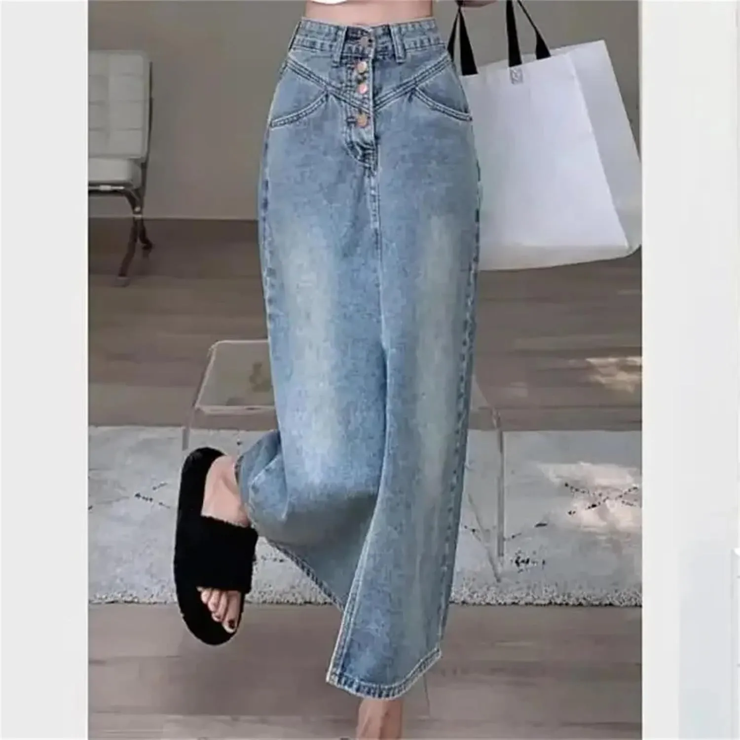 Women's Spring Summer High-Waisted Slimming Denim Skirt  Casual Medium-Length Slit Half-Length Dress Denim Skirts