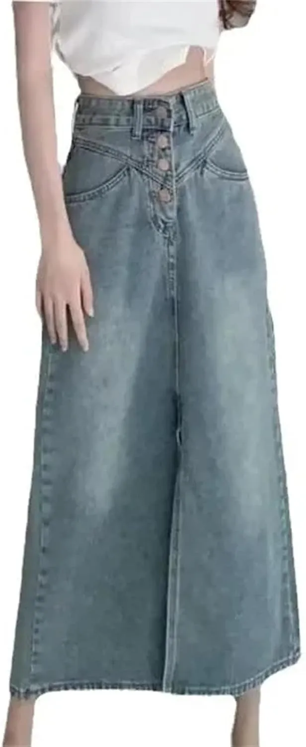 Women's Spring Summer High-Waisted Slimming Denim Skirt  Casual Medium-Length Slit Half-Length Dress Denim Skirts