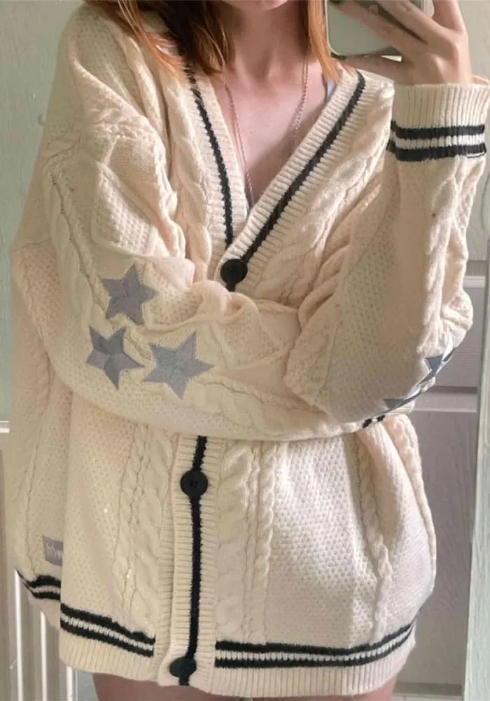 Women's Stars Print Oversized Solid Long Batwing Sleeve Casual Loose Cardigan Knit Open Front Sweater Coat