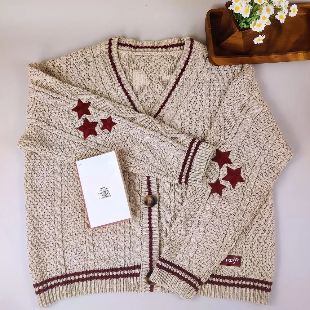 Women's Stars Print Oversized Solid Long Batwing Sleeve Casual Loose Cardigan Knit Open Front Sweater Coat