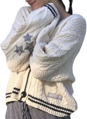 Women's Stars Print Oversized Solid Long Batwing Sleeve Casual Loose Cardigan Knit Open Front Sweater Coat