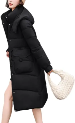 Women's Thick Hooded Long Parka Coat Classic Drawstring Buckle Pockets Cotton-Padded Jacket