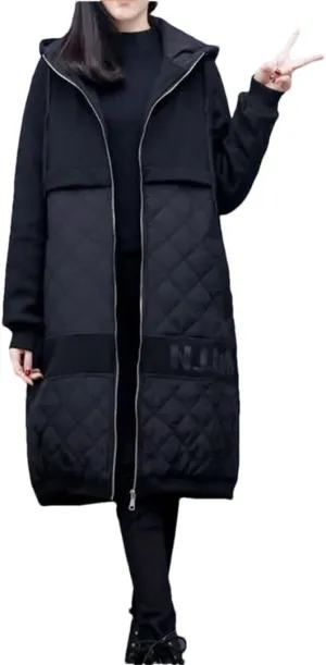 Women's Thick Warm Down Cotton Coat Oversized Quilted Cocoon Padded Jacket Loose Hooded Parker Overcoat black L