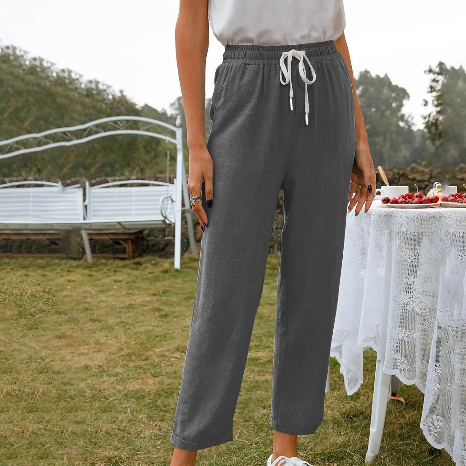 Women's Trendy Casual Solid Color Cotton Linen Trousers with Pocket Elastic High Waisted Strap Home Pants 2025