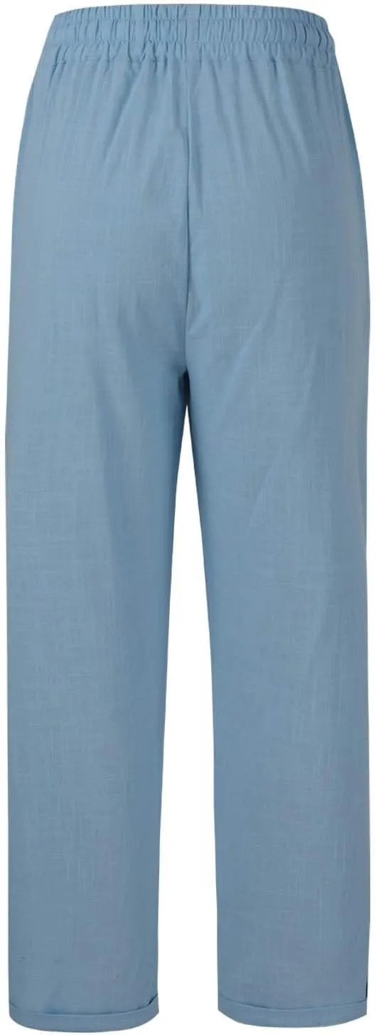 Women's Trendy Casual Solid Color Cotton Linen Trousers with Pocket Elastic High Waisted Strap Home Pants 2025