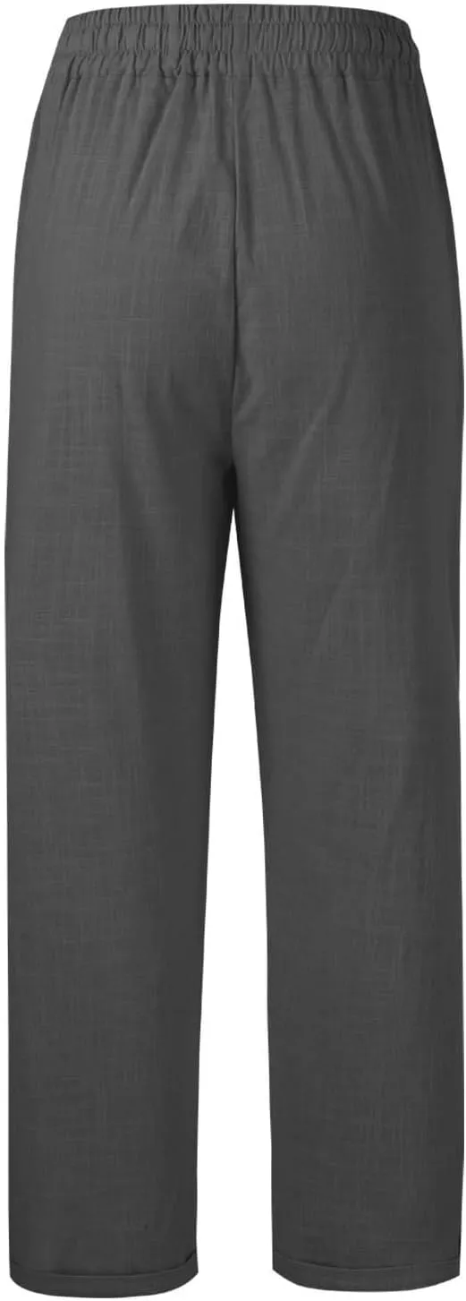 Women's Trendy Casual Solid Color Cotton Linen Trousers with Pocket Elastic High Waisted Strap Home Pants 2025