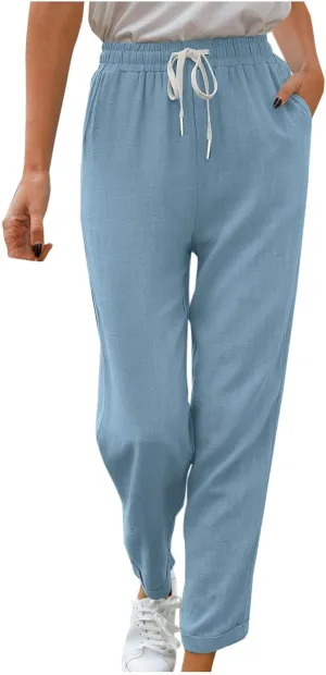 Women's Trendy Casual Solid Color Cotton Linen Trousers with Pocket Elastic High Waisted Strap Home Pants 2025