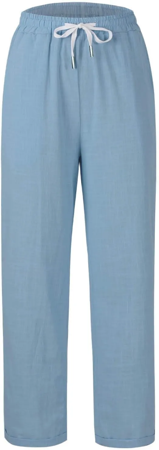 Women's Trendy Casual Solid Color Cotton Linen Trousers with Pocket Elastic High Waisted Strap Home Pants 2025
