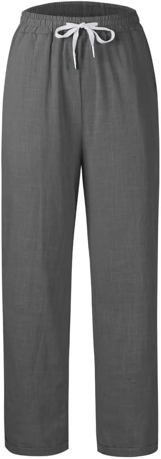 Women's Trendy Casual Solid Color Cotton Linen Trousers with Pocket Elastic High Waisted Strap Home Pants 2025