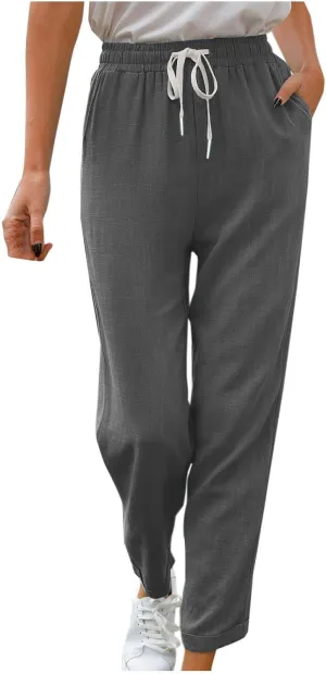 Women's Trendy Casual Solid Color Cotton Linen Trousers with Pocket Elastic High Waisted Strap Home Pants 2025